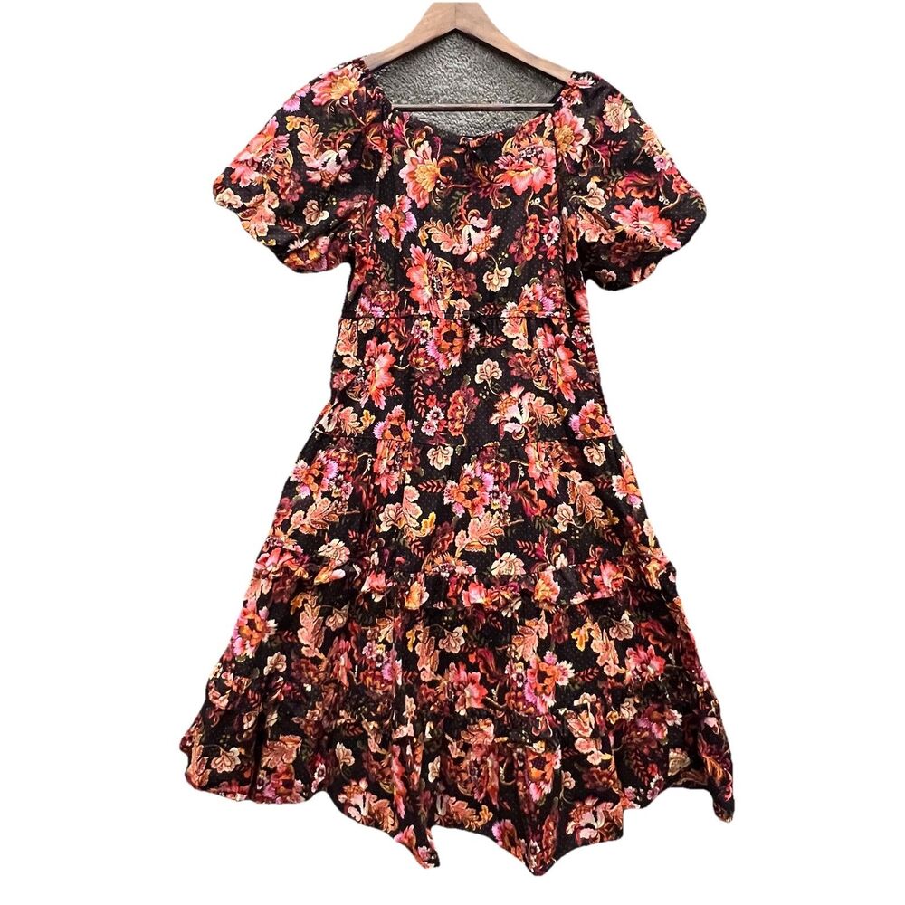A LOVES A floral 100% Cotton Dress XL Puff Sleeves Tiered Ruffle Elastic